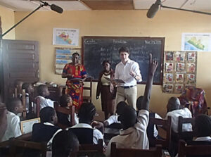 Canadian Prime Minister Justin Trudeau teaches a class in Monrovia